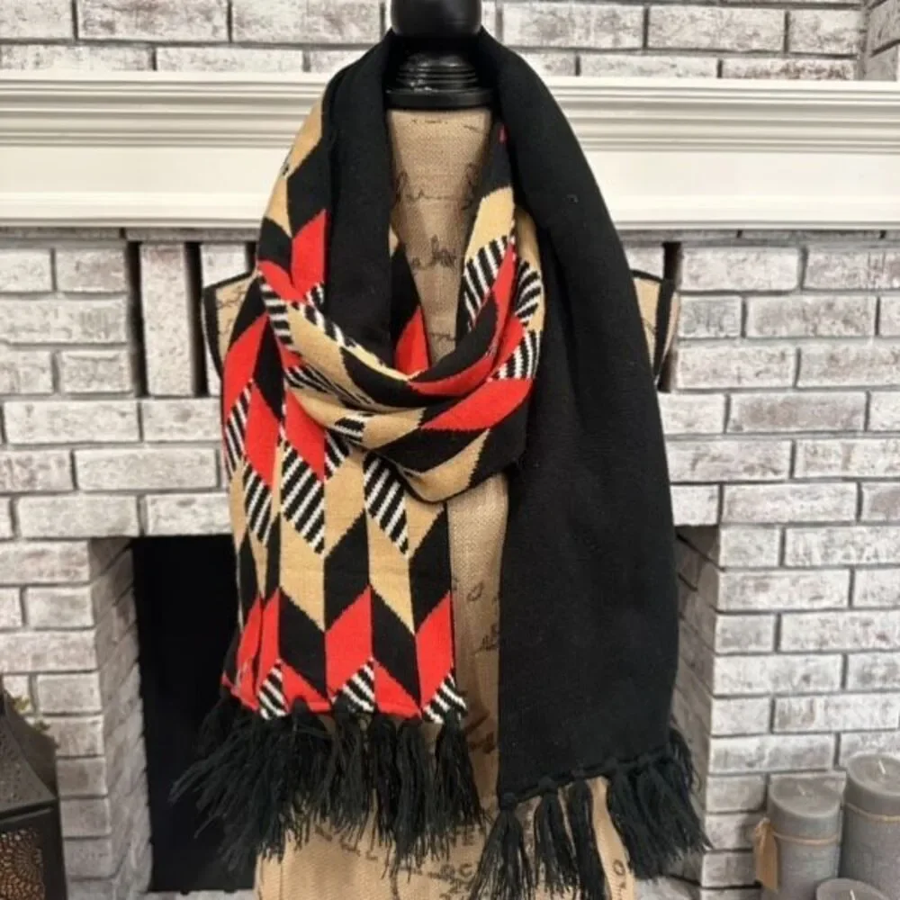 Vera Bradley Red Black Chevron Jacquard Knit Fringe‎ Scarf Winter Black Red Tan